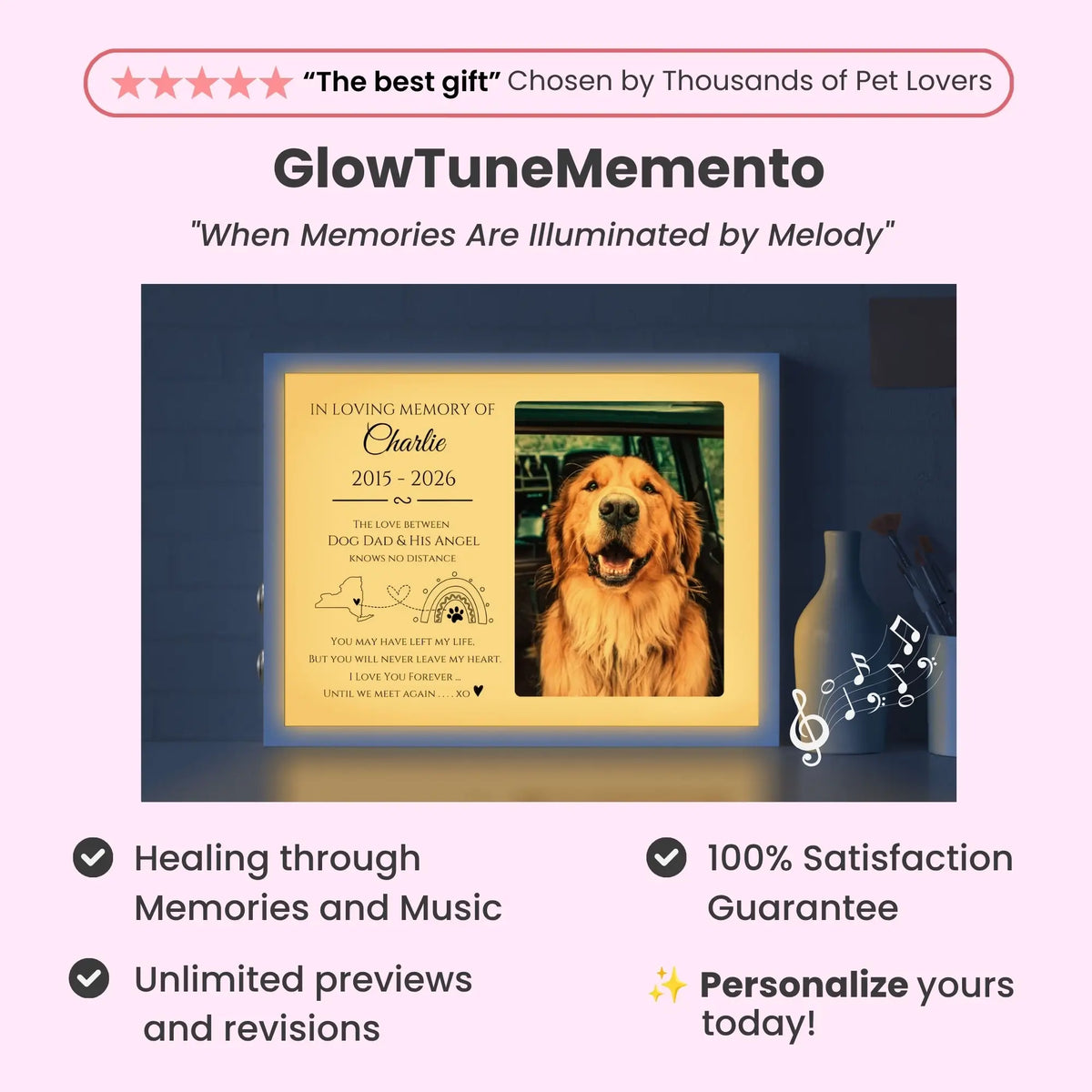 Custom Pet Memorial Frame with Poem & Quote – Personalized Dog Loss Photo Gift with Sound & Light - "Dog Dad & His Angel" – Horizontal