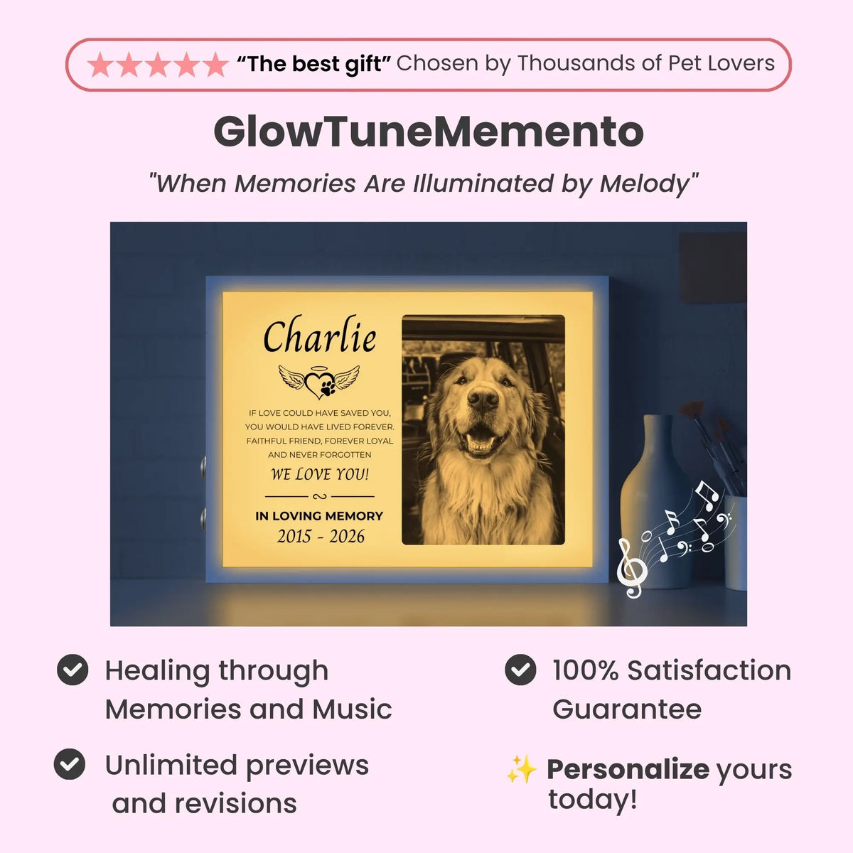 Custom Dog Memorial Frame with Sound & Light | Personalized B&W Photo, Poem & Quote Gift - "If love could have saved you" – Horizontal