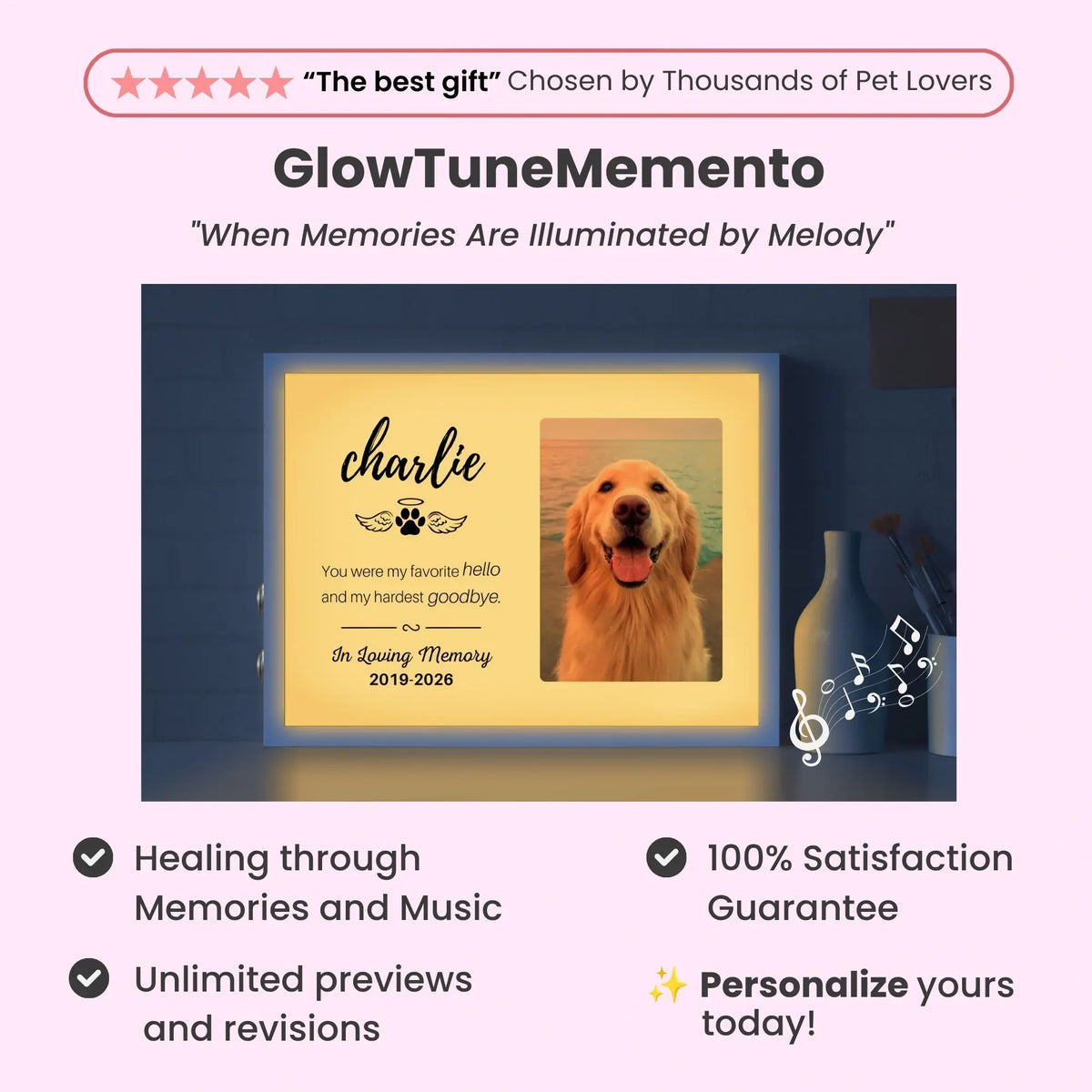 Custom Pet Memorial Frame with Poem & Quote – Personalized Dog Loss Photo Gift with Sound & Light – Horizontal
