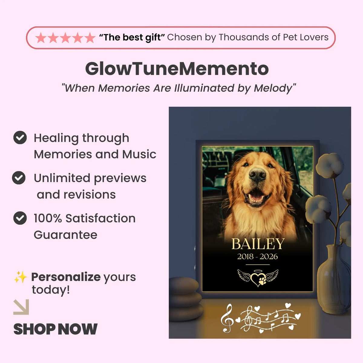 Custom Dog Memorial Frame with Sound & Light | Personalized Photo & Poem Gift – Vertical