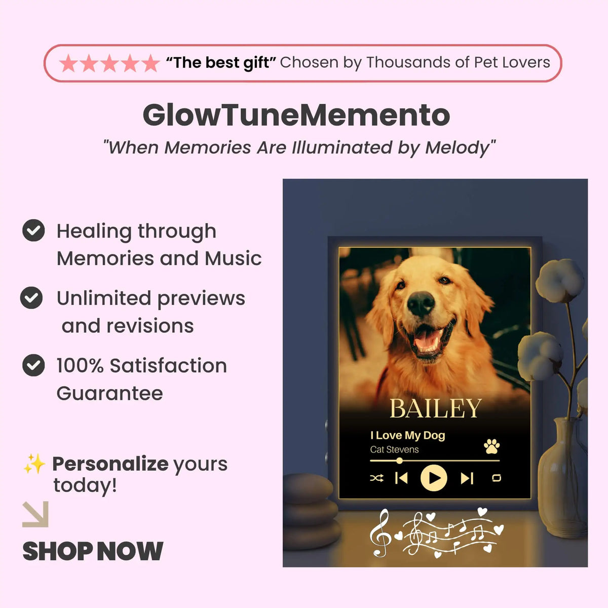 Custom Pet Lovers Frame with Song & Quote – Personalized Dog Loss Photo Gift with Sound & Light - Vertical