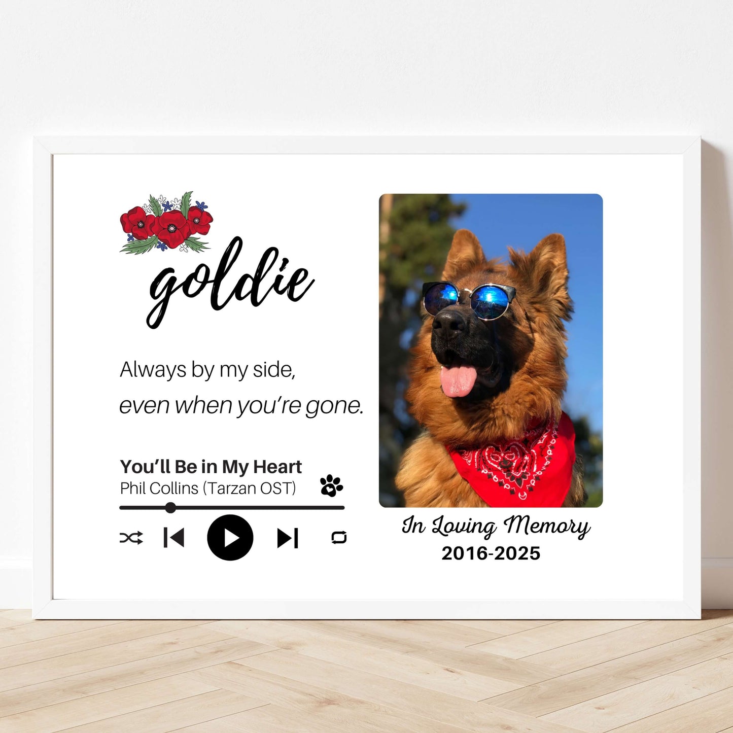 Personalized Dog Memorial Frame – "Always By My Side" – Poppy Floral – Horizontal