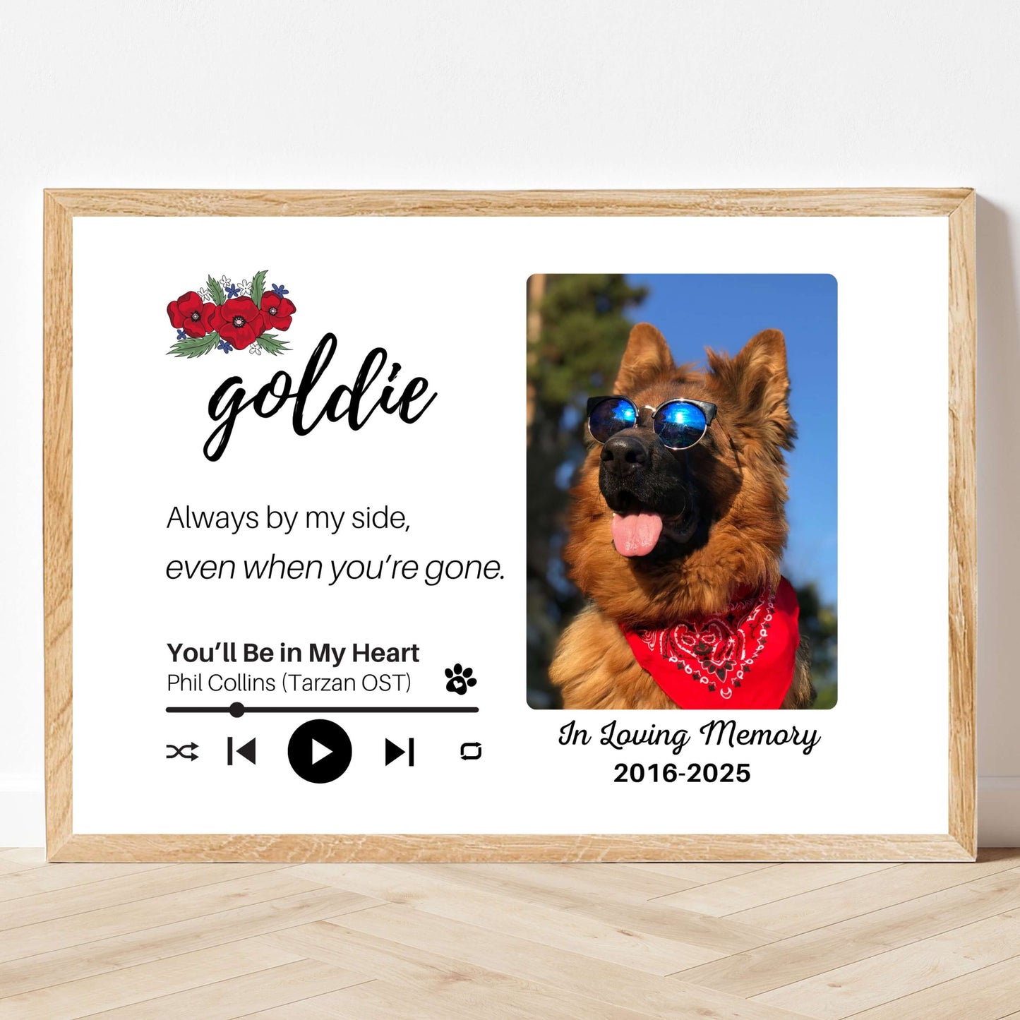 Personalized Dog Memorial Frame – "Always By My Side" – Poppy Floral – Horizontal