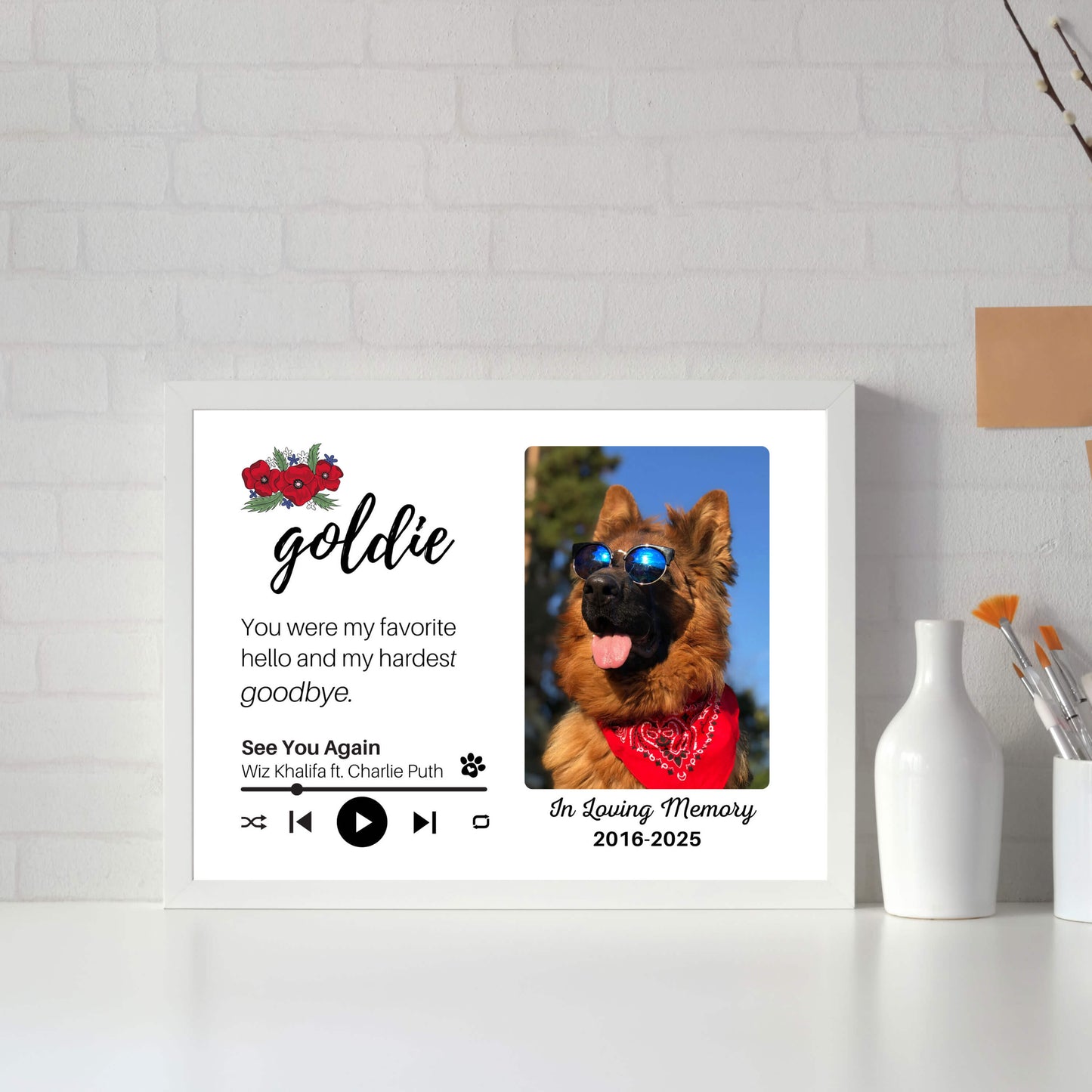 Personalized Dog Memorial Frame – "Favorite Hello, Hardest Goodbye" – Poppy Floral – Horizontal