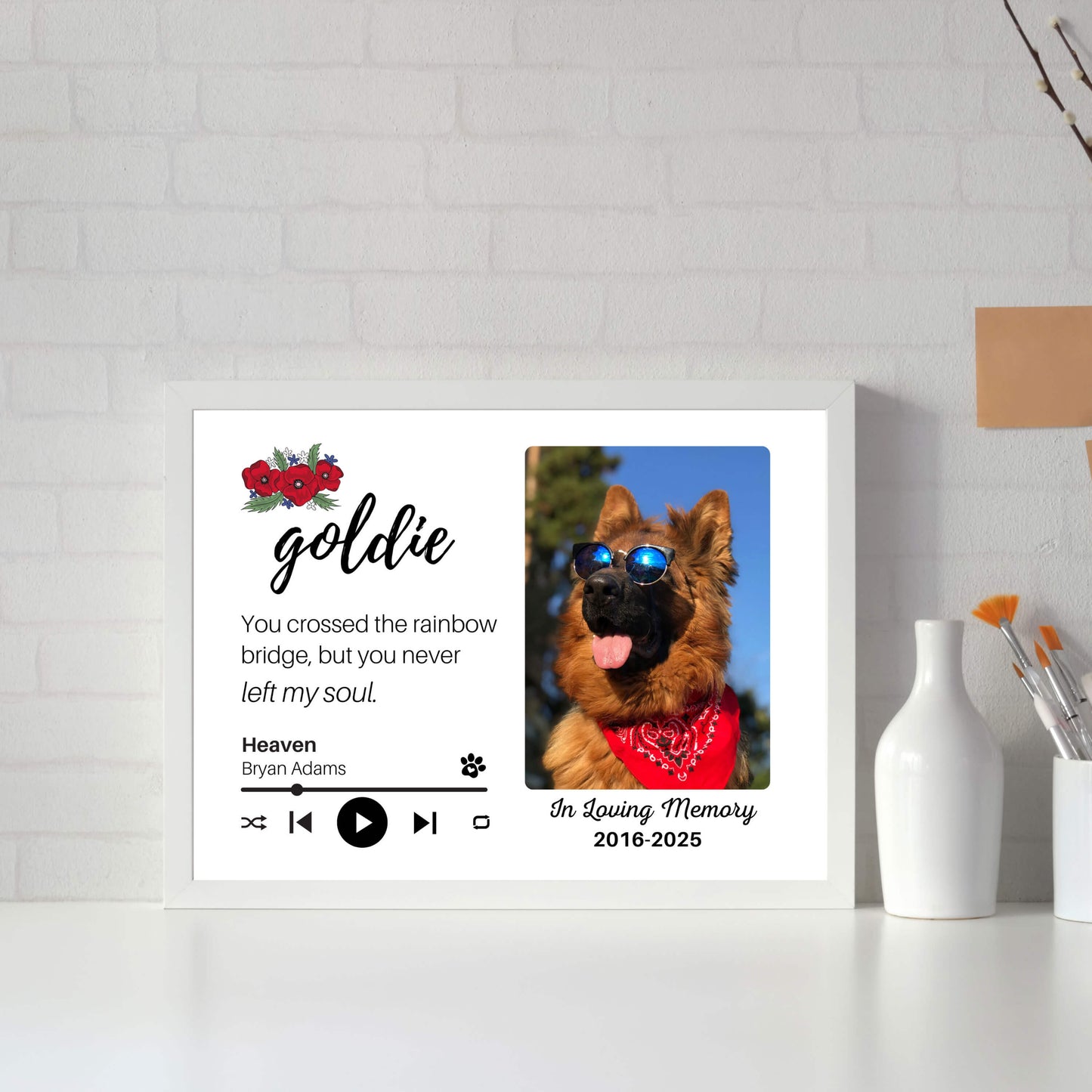 Personalized Dog Memorial Frame – "Rainbow Bridge, Never Left" – Poppy Floral – Horizontal