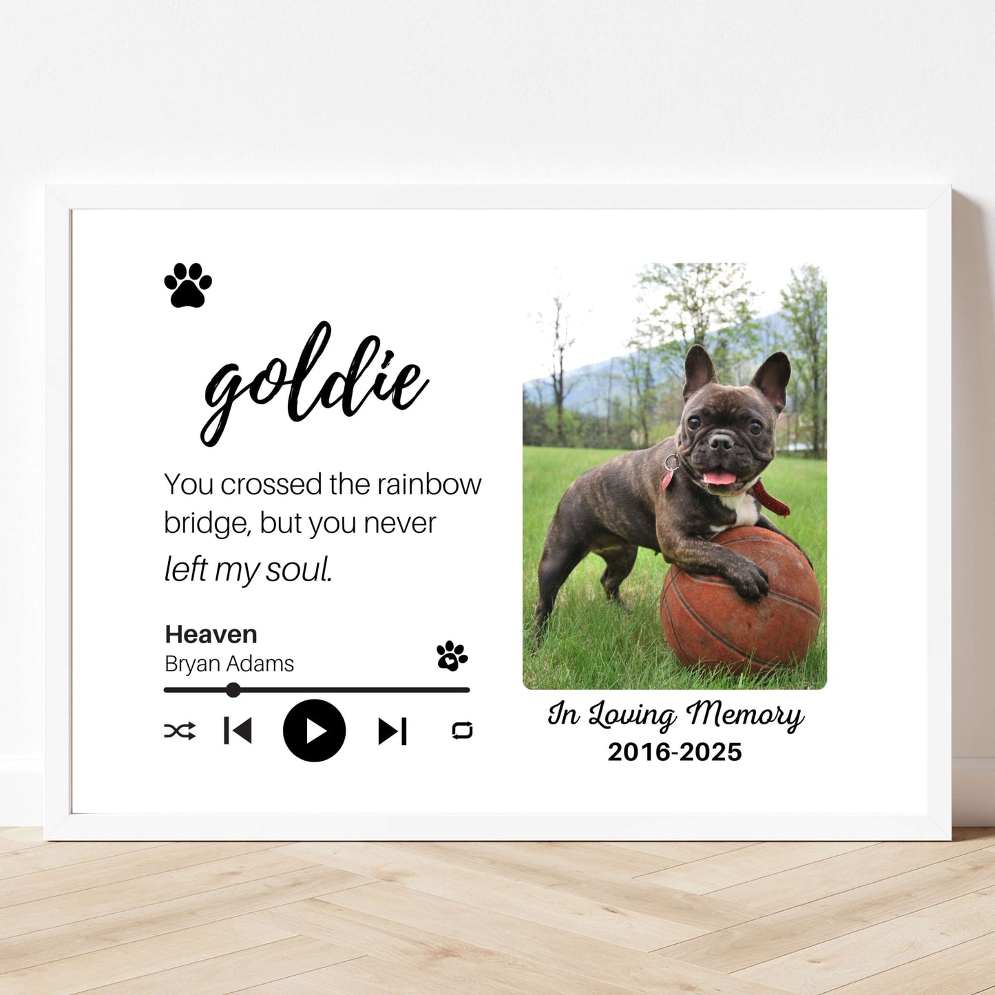 Personalized Dog Memorial Frame – "Rainbow Bridge, Never Left" – Horizontal