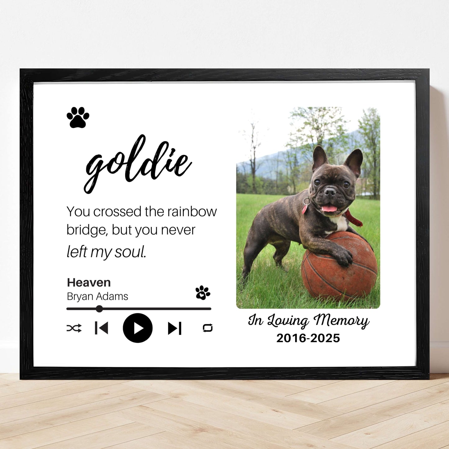 Personalized Dog Memorial Frame – "Rainbow Bridge, Never Left" – Horizontal