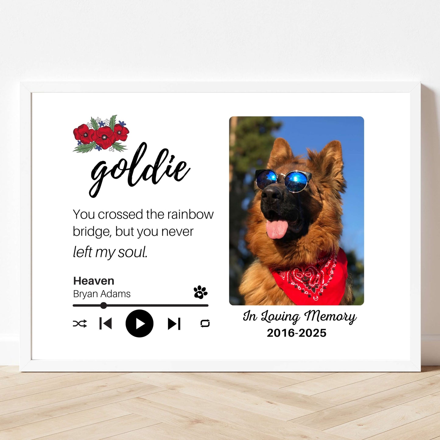 Personalized Dog Memorial Frame – "Rainbow Bridge, Never Left" – Poppy Floral – Horizontal