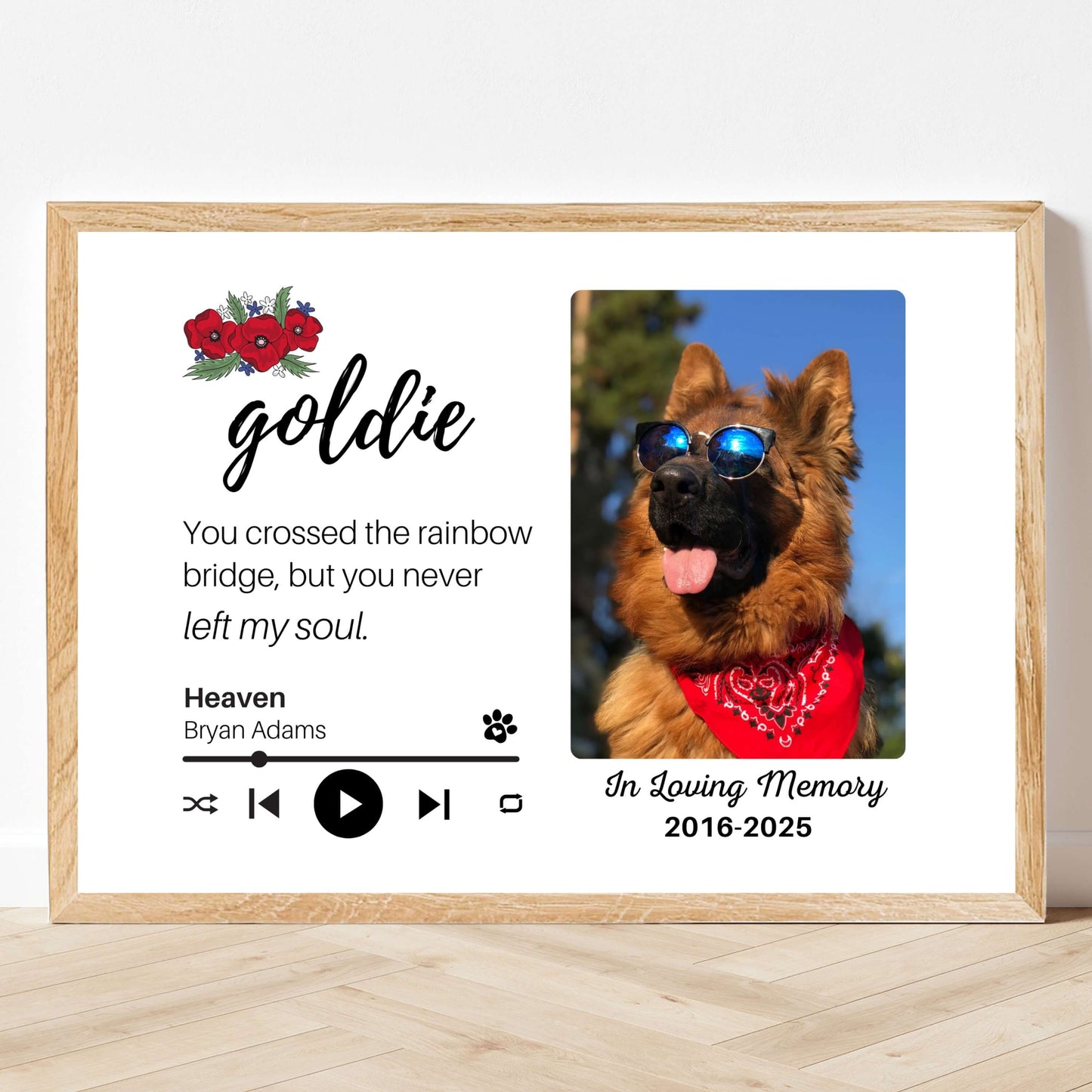 Personalized Dog Memorial Frame – "Rainbow Bridge, Never Left" – Poppy Floral – Horizontal