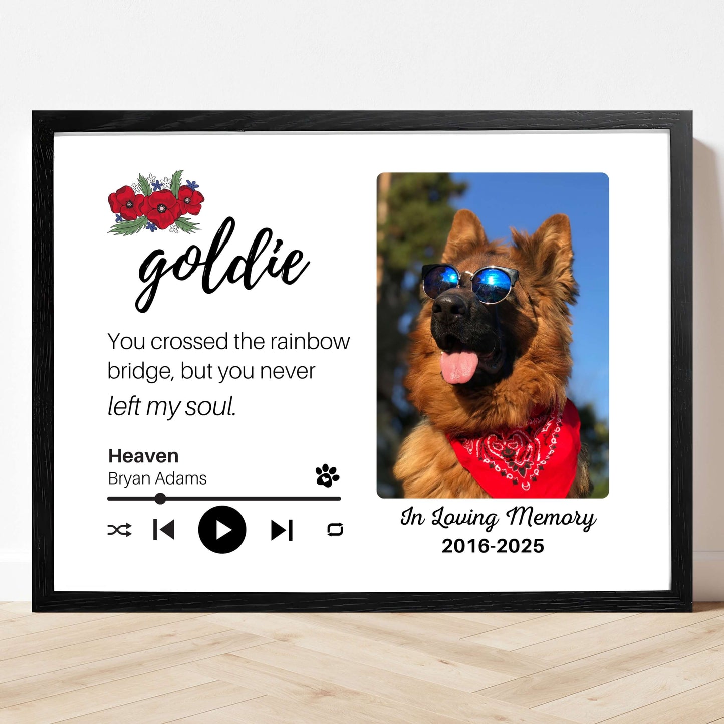 Personalized Dog Memorial Frame – "Rainbow Bridge, Never Left" – Poppy Floral – Horizontal