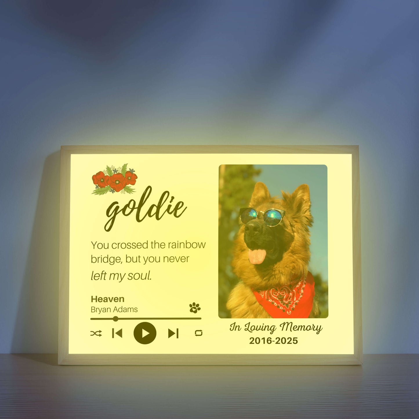 Personalized Dog Memorial Frame – "Rainbow Bridge, Never Left" – Poppy Floral – Horizontal