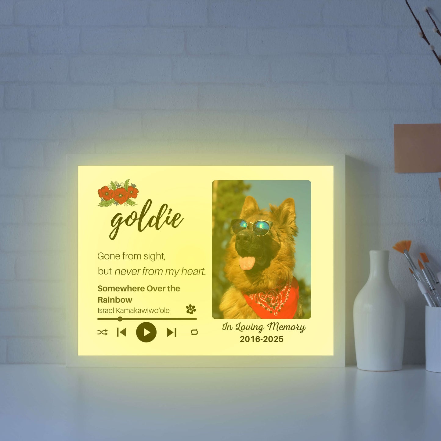 Personalized Dog Memorial Frame – "Never From My Heart" – Poppy Floral – Horizontal