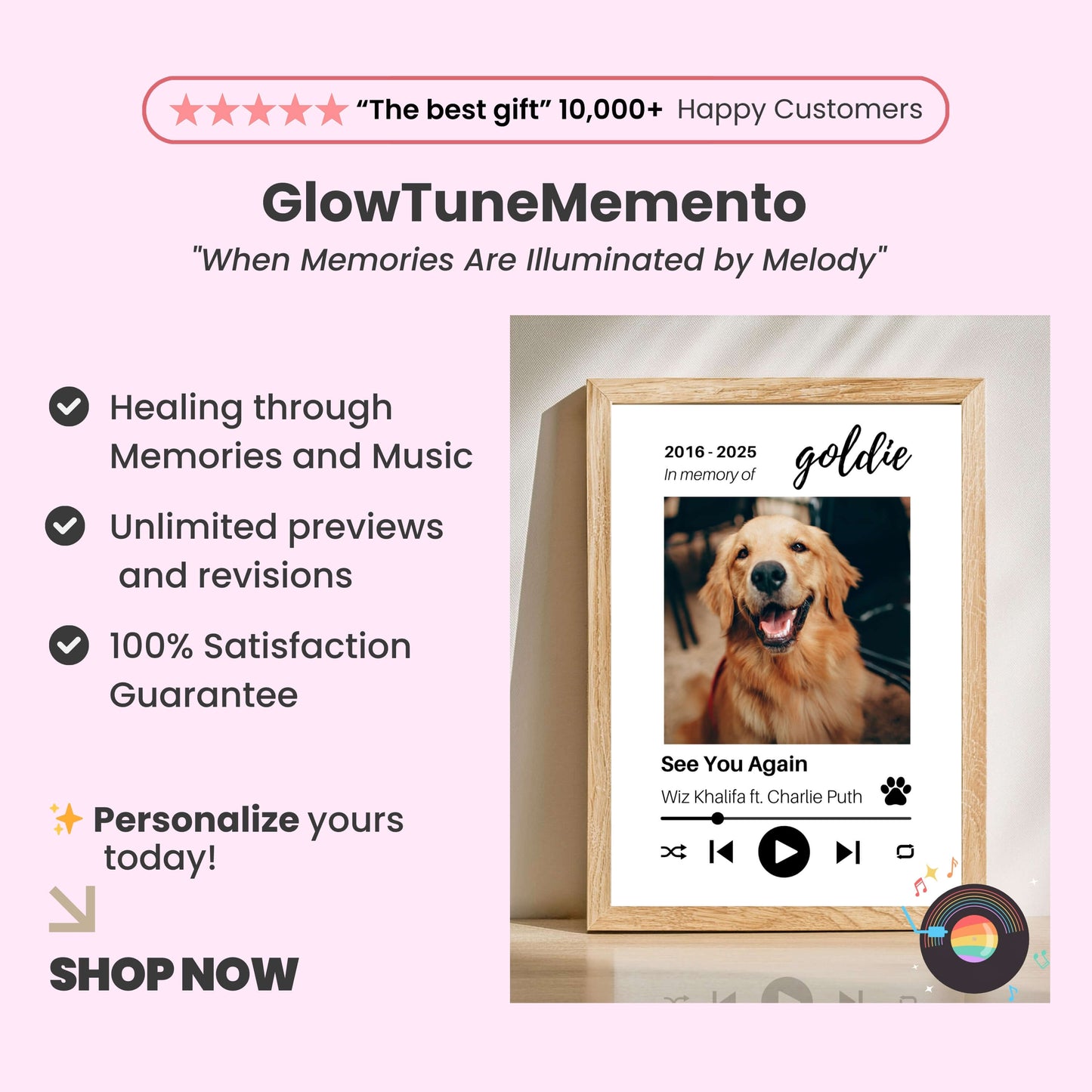 Personalized Dog Lovers Frame – Custom Photo Music Gift – Horizontal