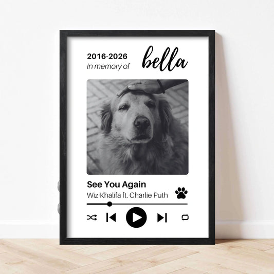 Custom Dog Memorial Frame with Sound & Light | Personalized B&W Photo, Song Gift – Vertical