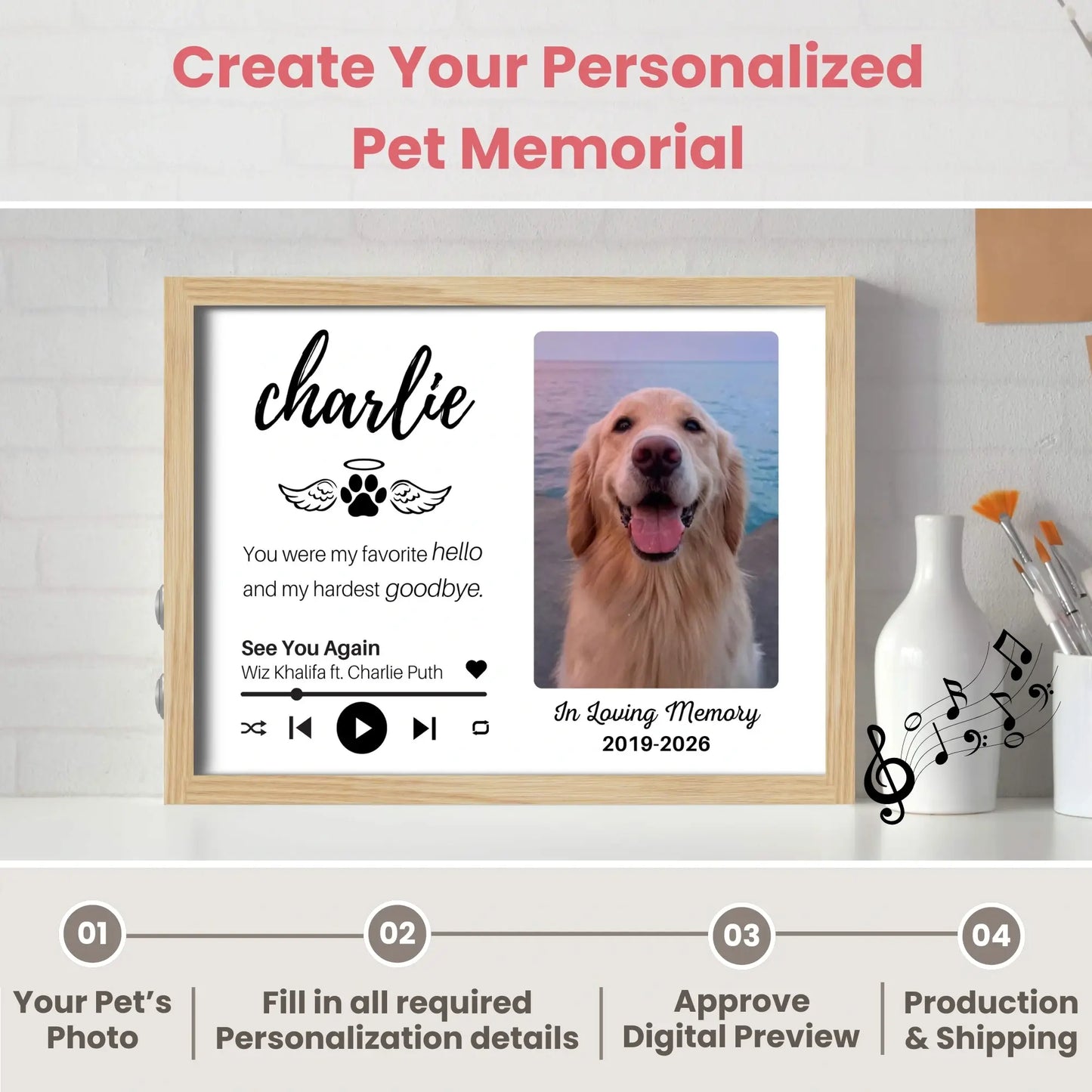 Custom Dog Memorial Frame with Sound & Light | Personalized Photo, Song & Quote GiftCustom Dog Memorial Frame with Sound & Light | Personalized B&W Photo, Song & Quote Gift – Horizontal