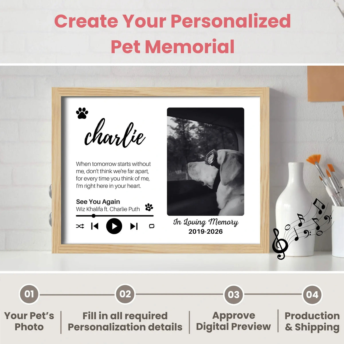 Custom Pet Memorial Frame with Favorite Song & Quote – Personalized Dog Loss B&W Photo Gift with Sound & Light – Horizontal