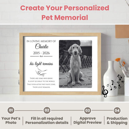 Custom Dog Memorial Frame with Sound & Light | Personalized B&W Photo, Poem & Quote Gift - "his light remains" – Horizontal