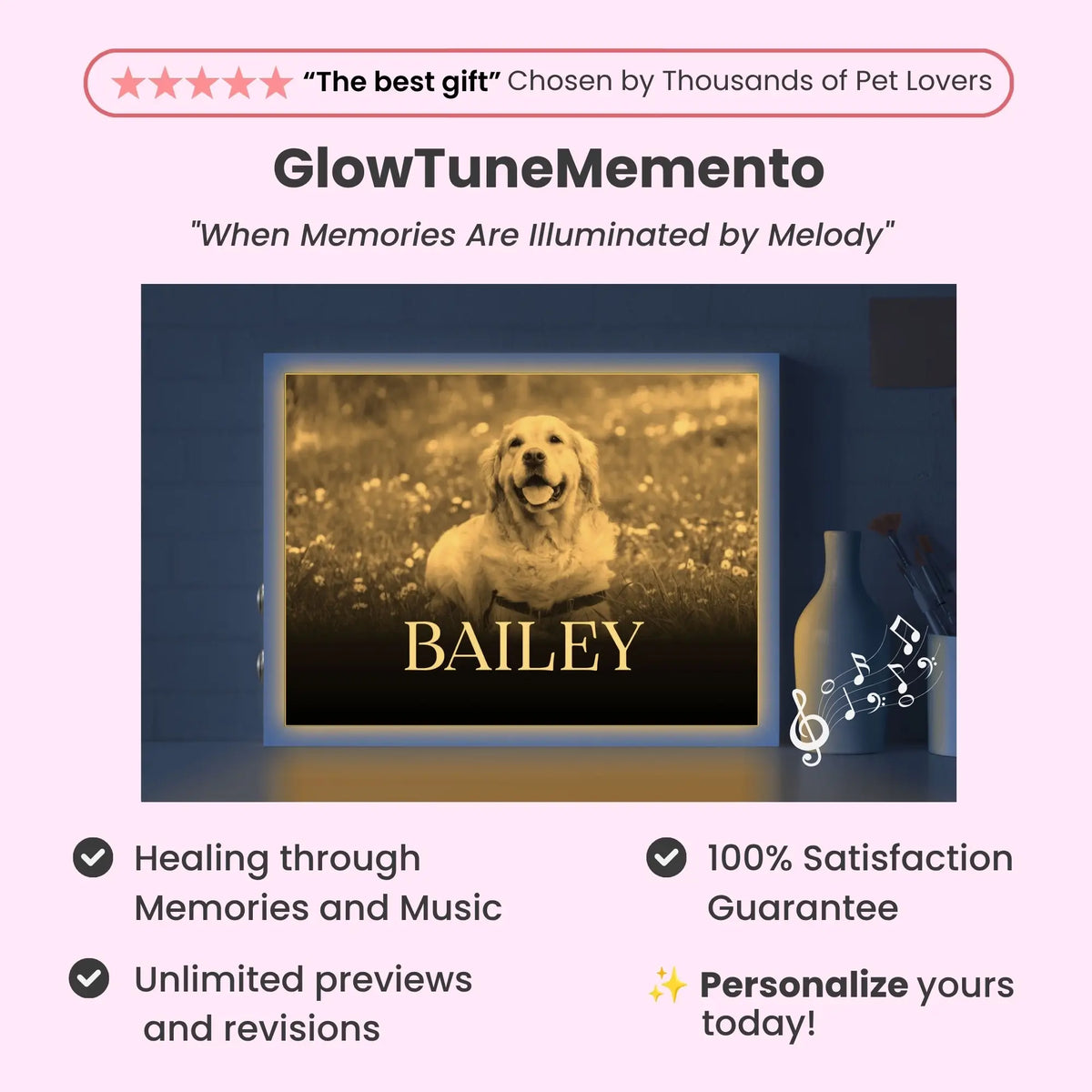 Custom Dog Lovers Frame with Sound & Light | Personalized B&W Photo, Song Gift – Horizontal
