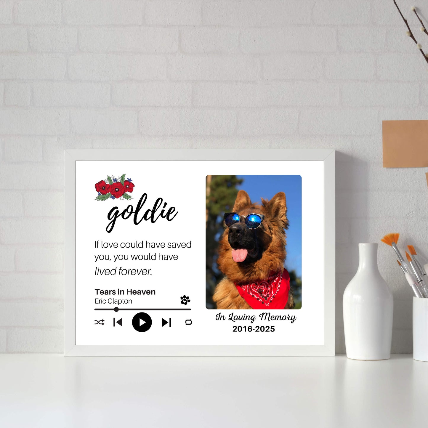 Personalized Dog Memorial Frame – "Lived Forever" – Poppy Floral – Horizontal
