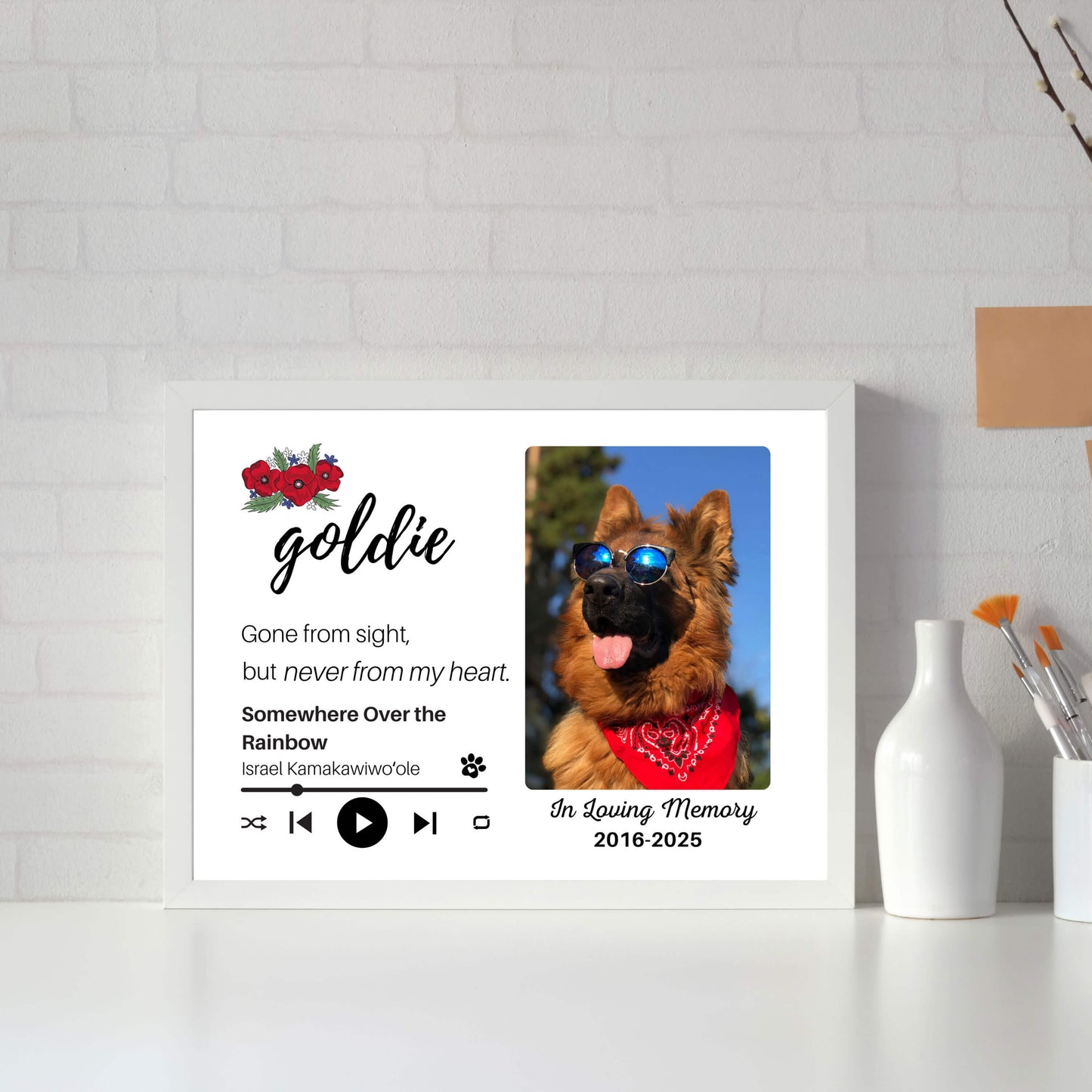 Personalized Dog Memorial Frame – "Never From My Heart" – Poppy Floral – Horizontal