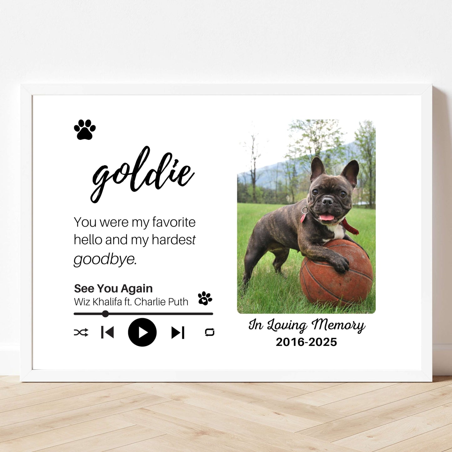 Personalized Dog Memorial Frame – "Favorite Hello, Hardest Goodbye" – Horizontal