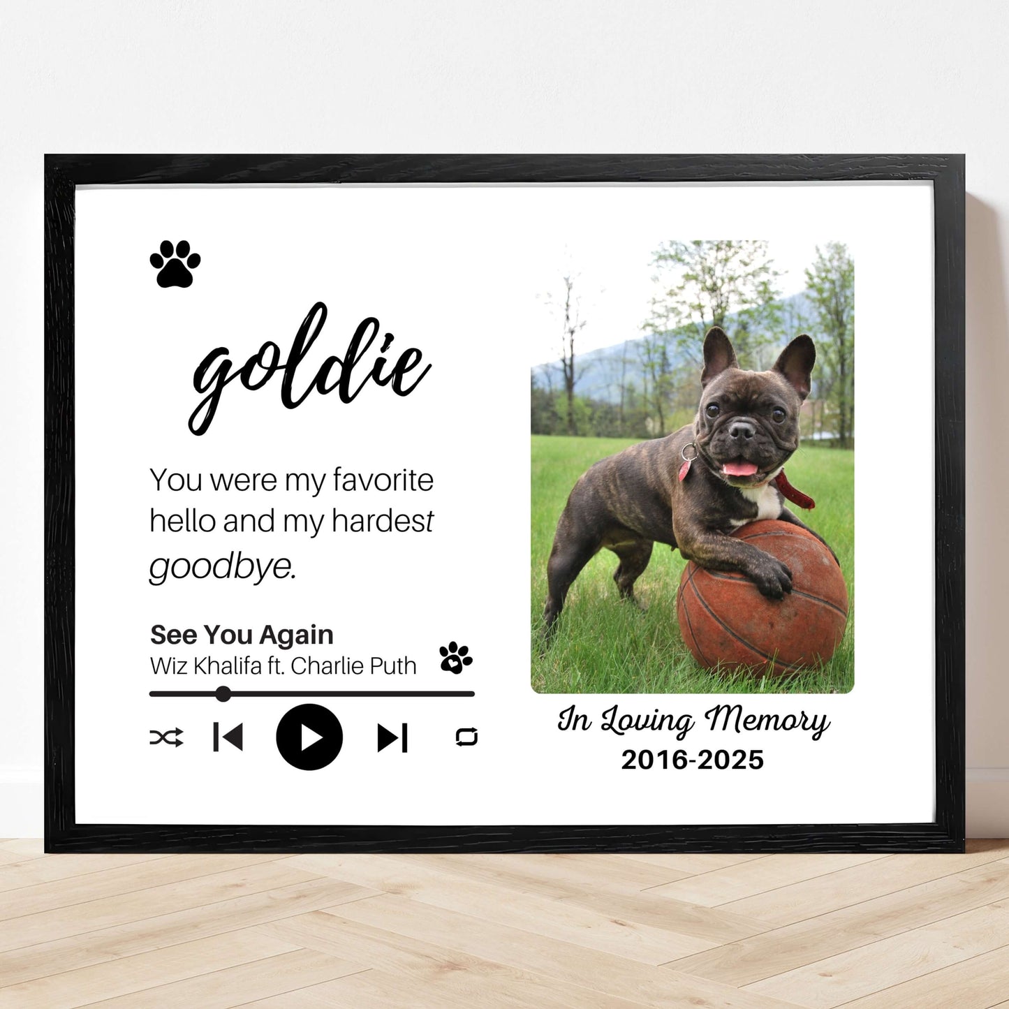 Personalized Dog Memorial Frame – "Favorite Hello, Hardest Goodbye" – Horizontal