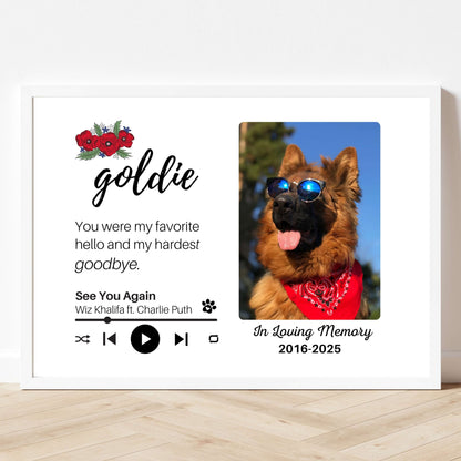 Personalized Dog Memorial Frame – "Favorite Hello, Hardest Goodbye" – Poppy Floral – Horizontal