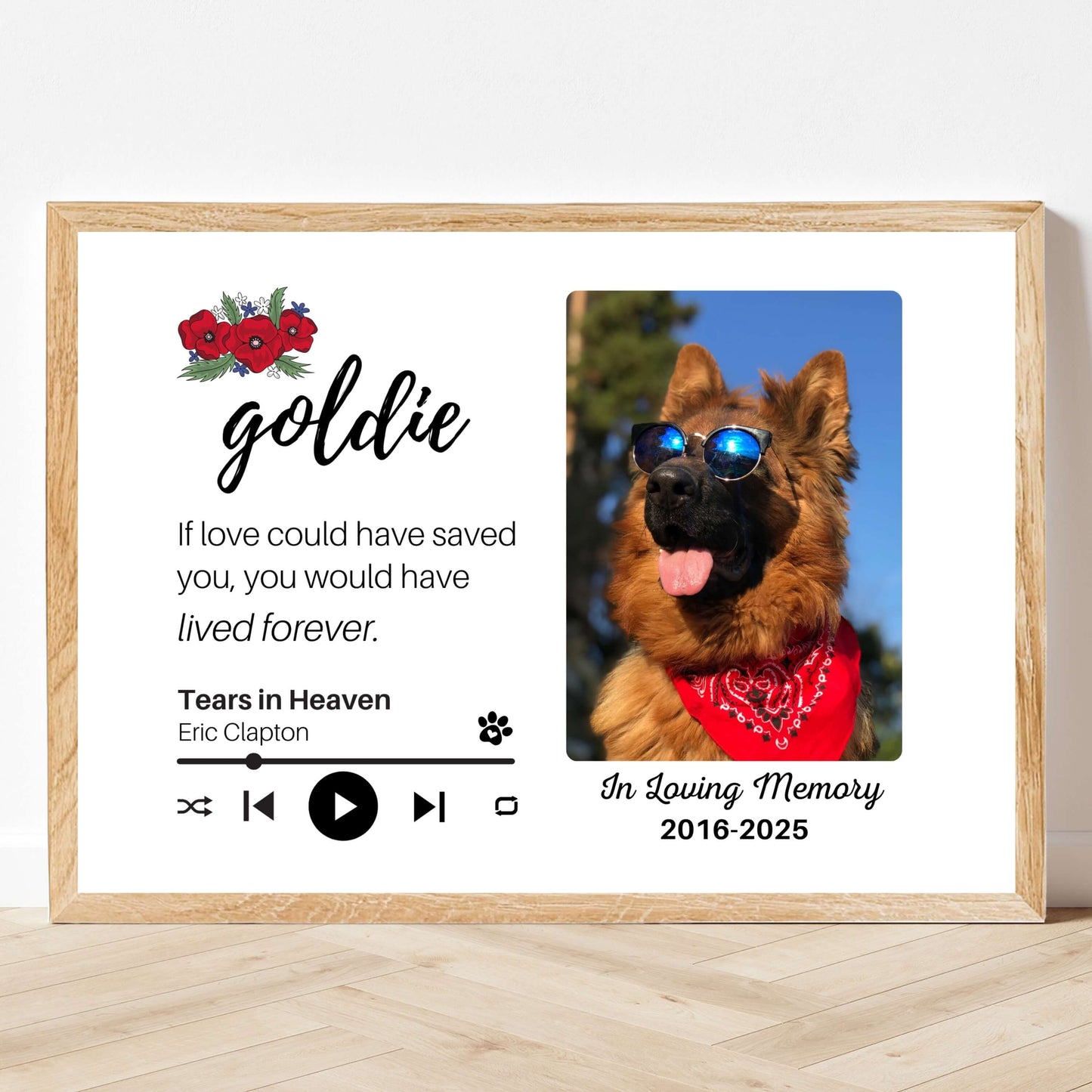 Personalized Dog Memorial Frame – "Lived Forever" – Poppy Floral – Horizontal