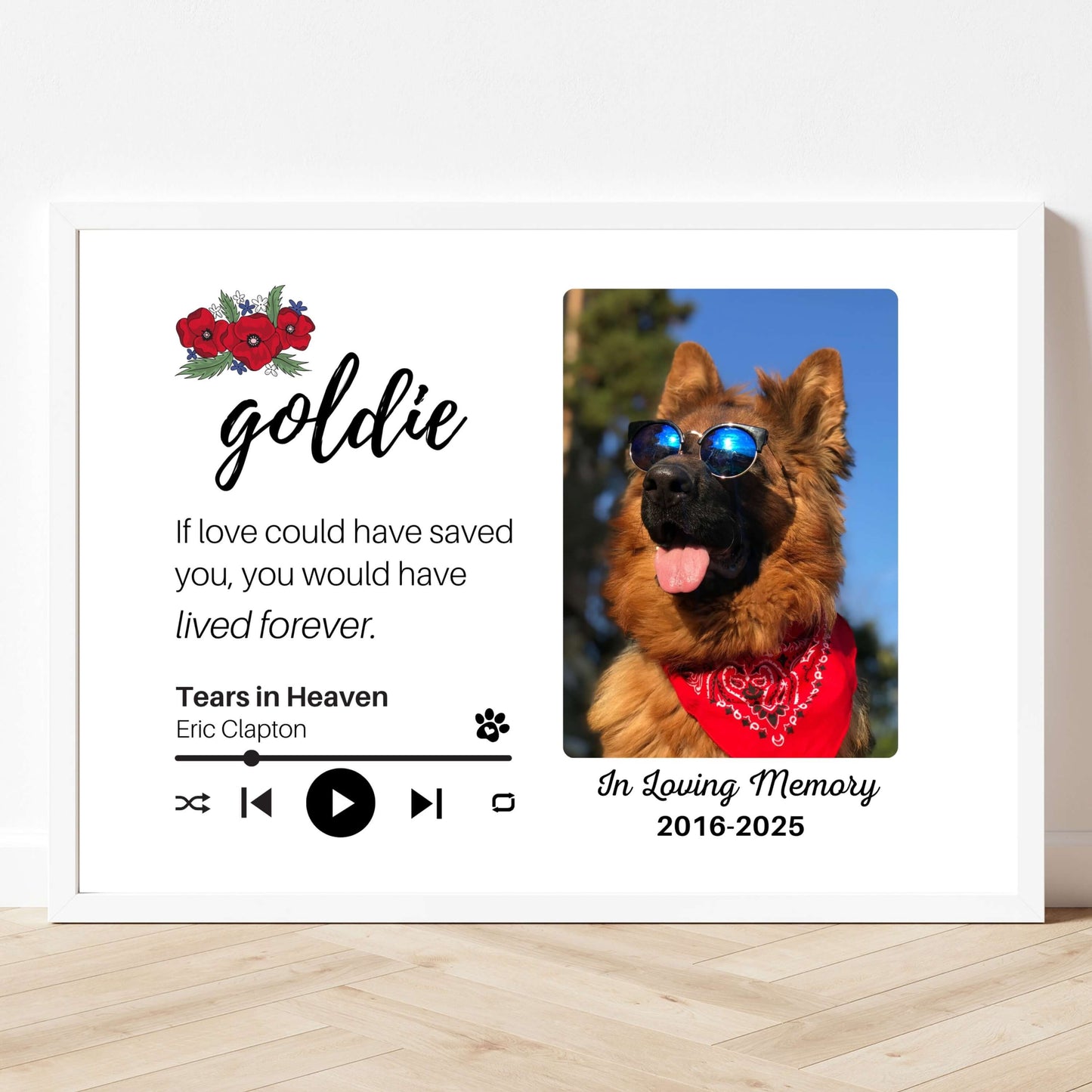 Personalized Dog Memorial Frame – "Lived Forever" – Poppy Floral – Horizontal