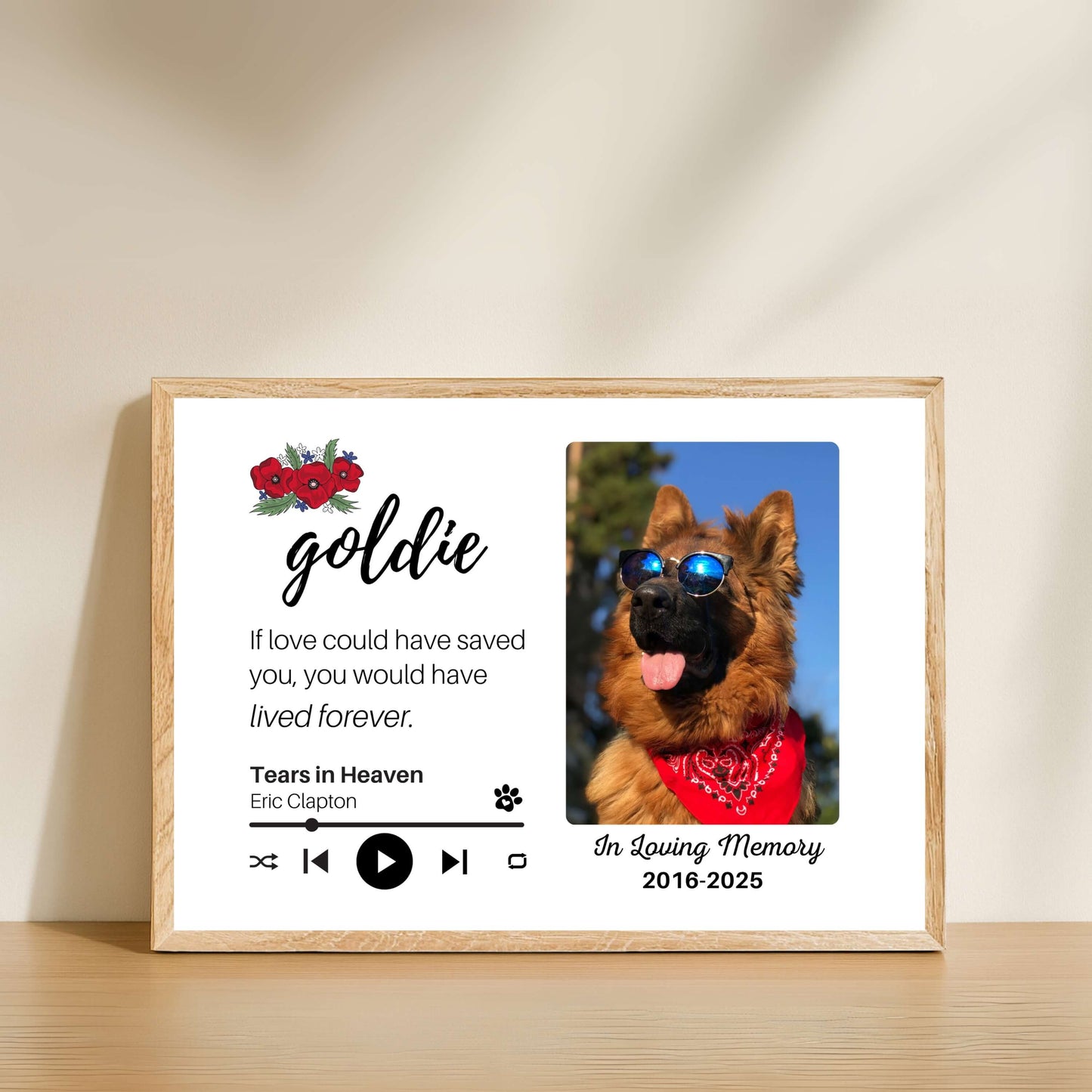 Personalized Dog Memorial Frame – "Lived Forever" – Poppy Floral – Horizontal