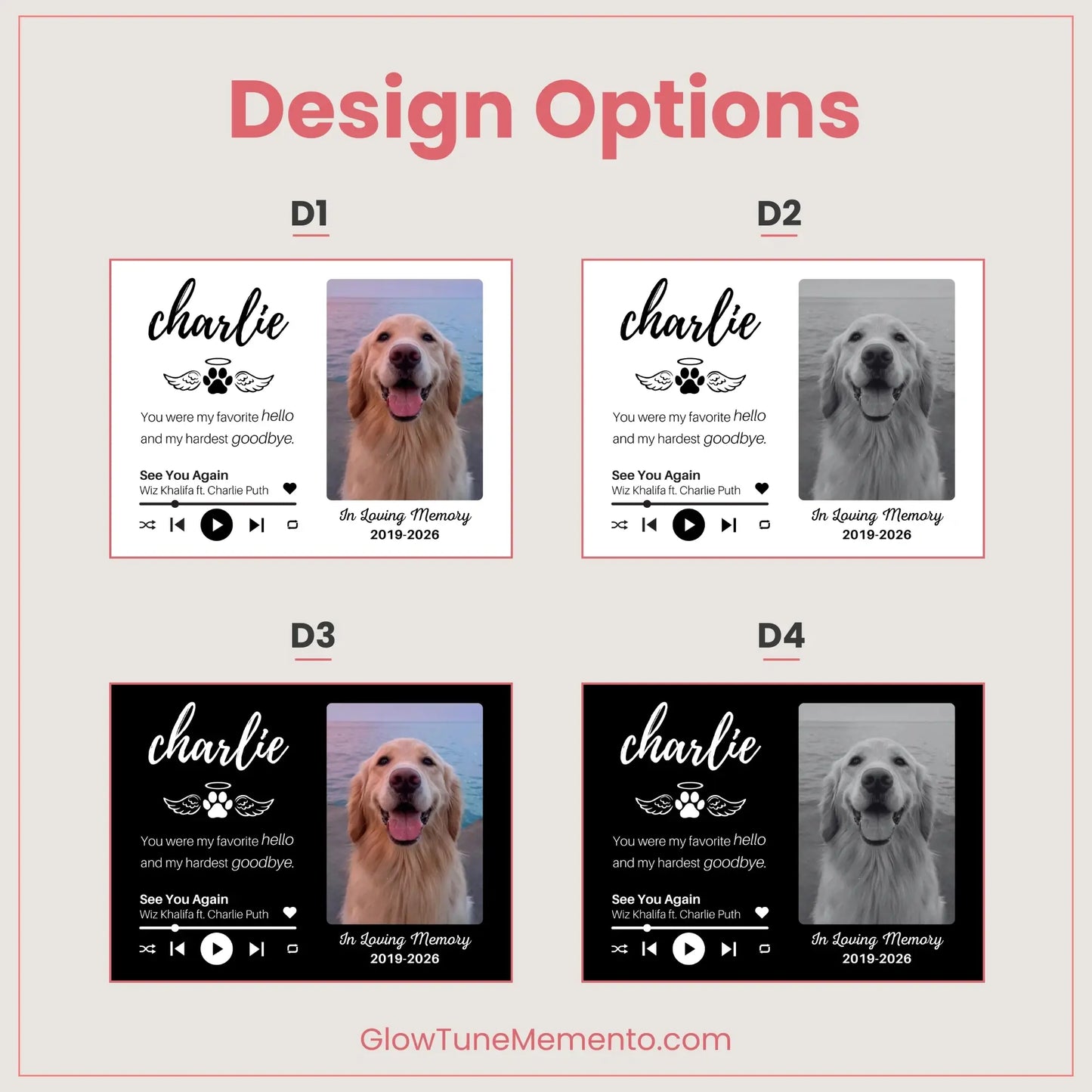 Custom Dog Memorial Frame with Sound & Light | Personalized Photo, Song & Quote GiftCustom Dog Memorial Frame with Sound & Light | Personalized B&W Photo, Song & Quote Gift – Horizontal