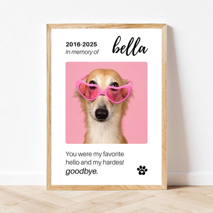Personalized Dog Memorial Frame – "Favorite Hello, Hardest Goodbye" – Vertical