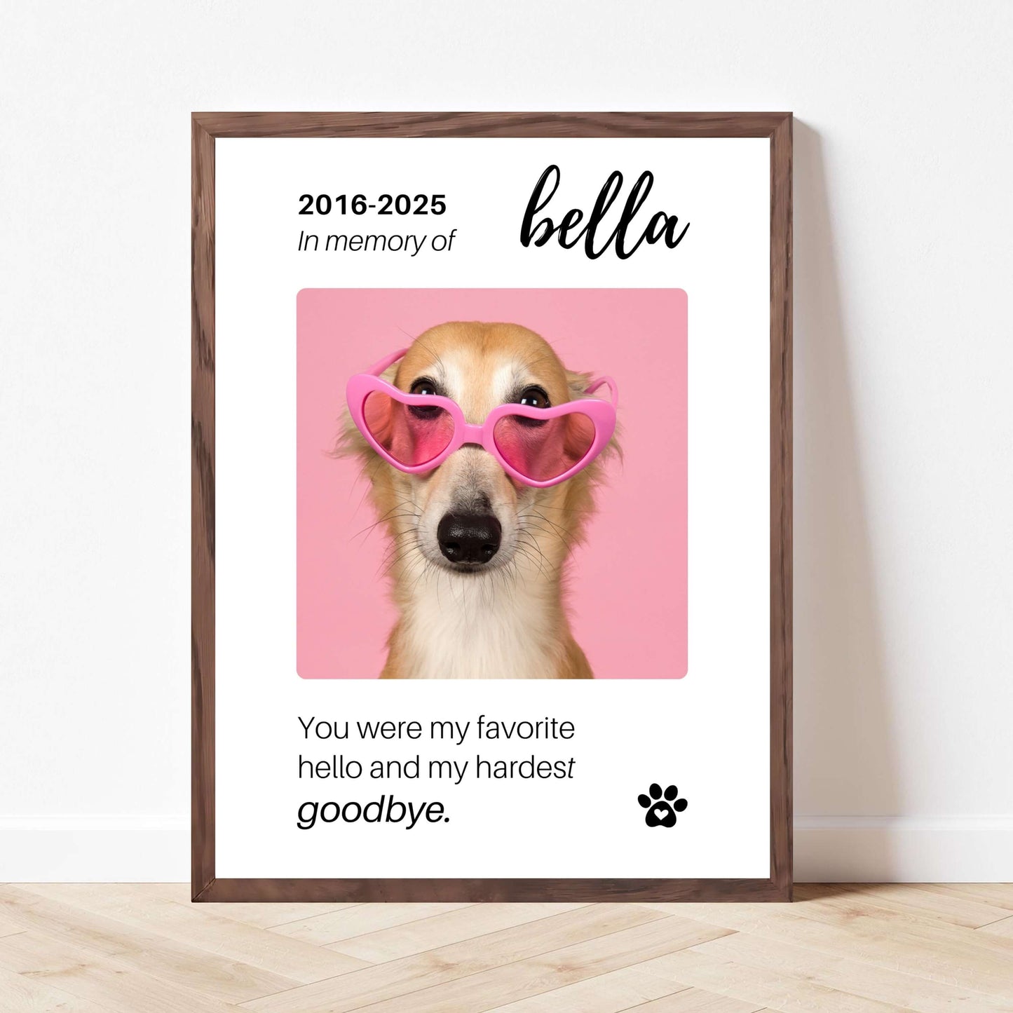 Personalized Dog Memorial Frame – "Favorite Hello, Hardest Goodbye" – Vertical
