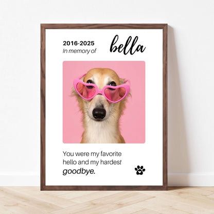 Personalized Dog Memorial Frame – "Favorite Hello, Hardest Goodbye" – Vertical