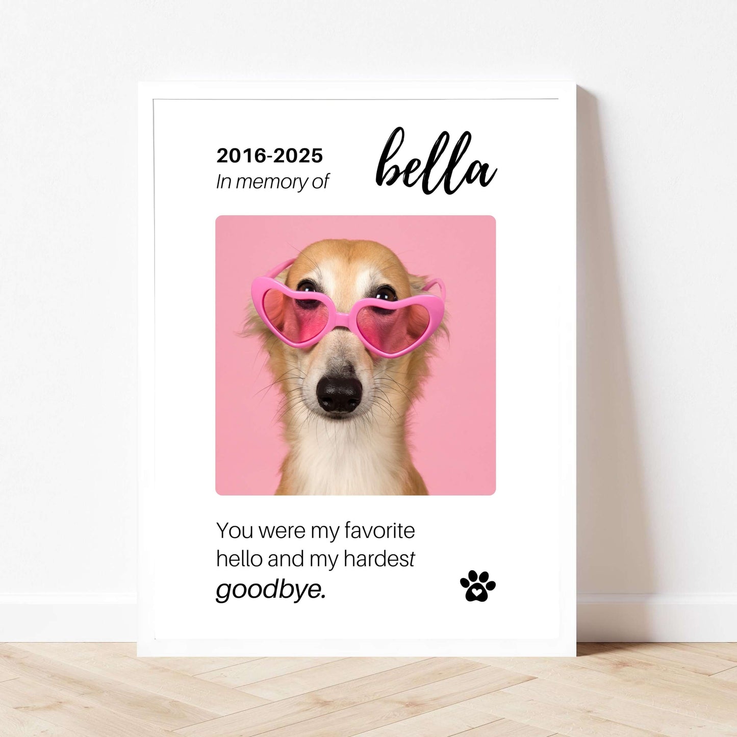 Personalized Dog Memorial Frame – "Favorite Hello, Hardest Goodbye" – Vertical