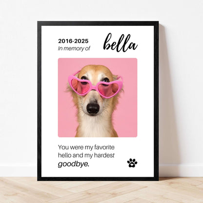 Personalized Dog Memorial Frame – "Favorite Hello, Hardest Goodbye" – Vertical