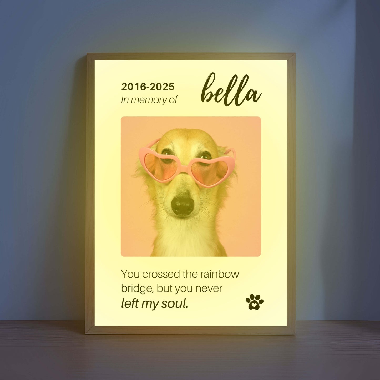 Personalized Dog Memorial Frame – "Rainbow Bridge, Never Left" – Vertical