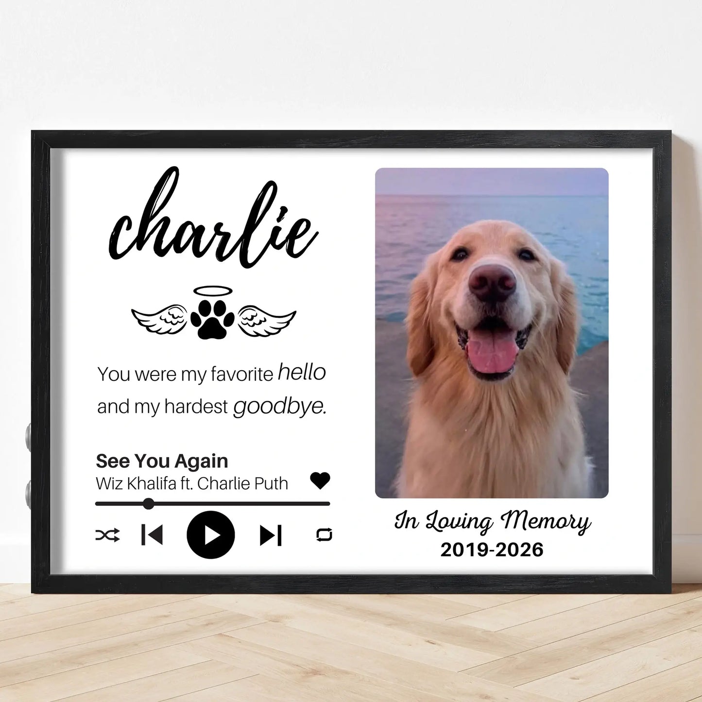 Custom Dog Memorial Frame with Sound & Light | Personalized Photo, Song & Quote GiftCustom Dog Memorial Frame with Sound & Light | Personalized B&W Photo, Song & Quote Gift – Horizontal