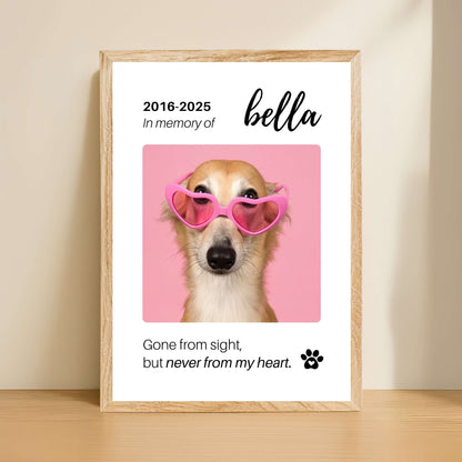 Personalized Dog Memorial Frame – "Never From My Heart" – Vertical