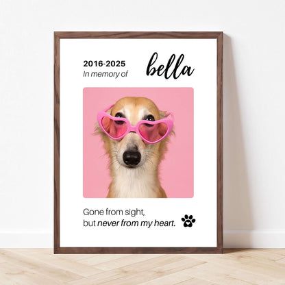 Personalized Dog Memorial Frame – "Never From My Heart" – Vertical