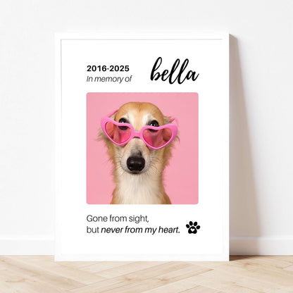 Personalized Dog Memorial Frame – "Never From My Heart" – Vertical