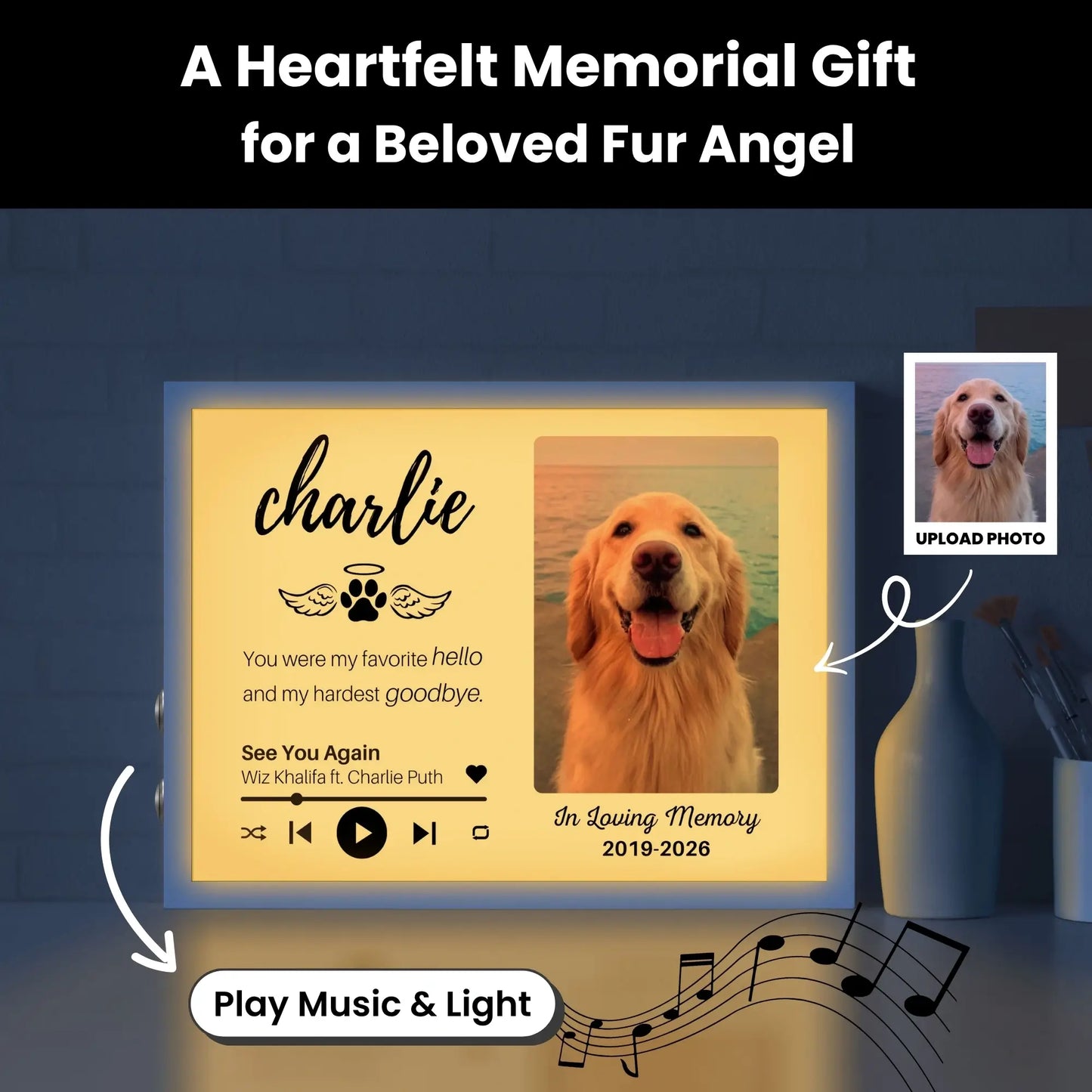 Custom Dog Memorial Frame with Sound & Light | Personalized Photo, Song & Quote GiftCustom Dog Memorial Frame with Sound & Light | Personalized B&W Photo, Song & Quote Gift – Horizontal