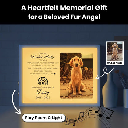 Custom Pet Memorial Frame with Poem & Quote – Personalized Dog Loss Photo Gift with Sound & Light - "Rainbow Bridge" – Horizontal