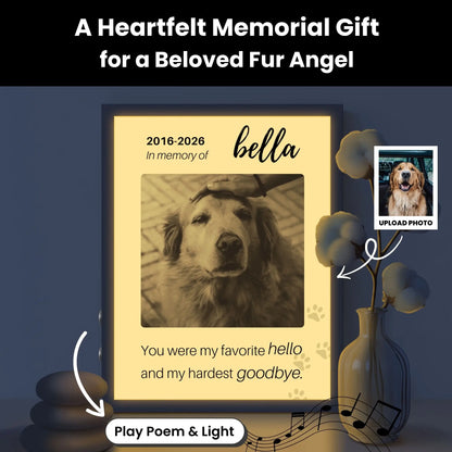 Custom Dog Memorial Frame with Sound & Light | Personalized B&W Photo, Poem & Quote Gift – Vertical