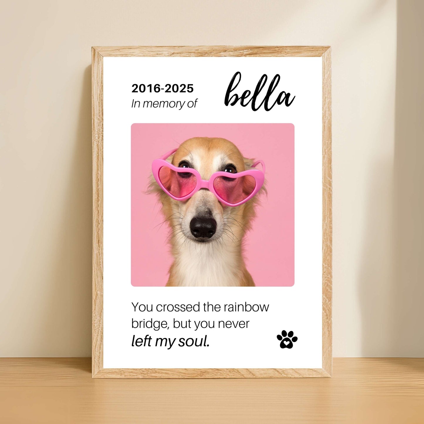 Personalized Dog Memorial Frame – "Rainbow Bridge, Never Left" – Vertical