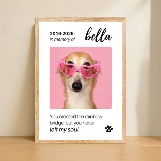 Personalized Dog Memorial Frame – "Rainbow Bridge, Never Left" – Vertical