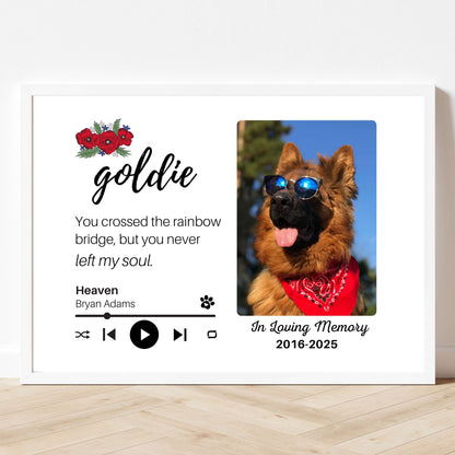 Personalized Dog Memorial Frame – "Rainbow Bridge, Never Left" – Poppy Floral – Horizontal