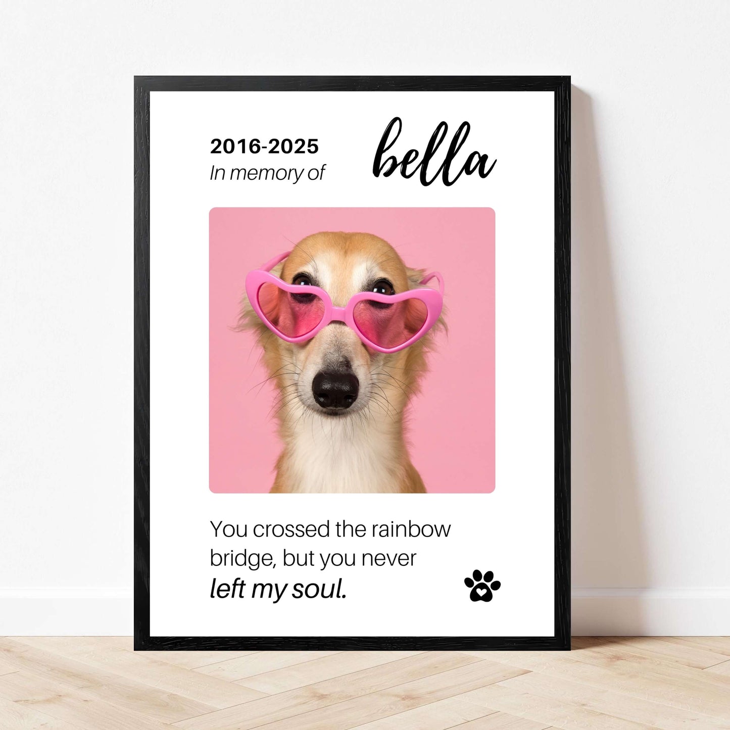 Personalized Dog Memorial Frame – "Rainbow Bridge, Never Left" – Vertical