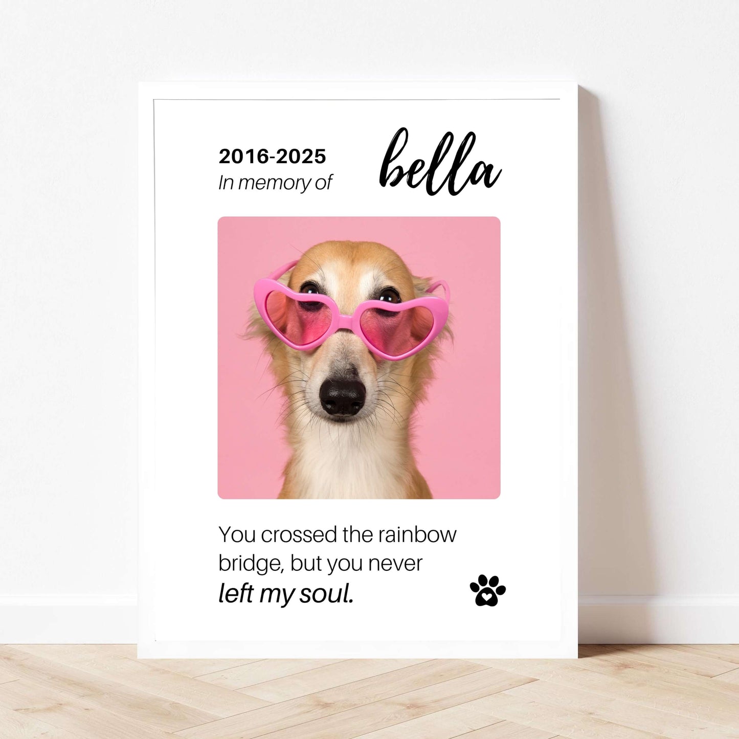 Personalized Dog Memorial Frame – "Rainbow Bridge, Never Left" – Vertical
