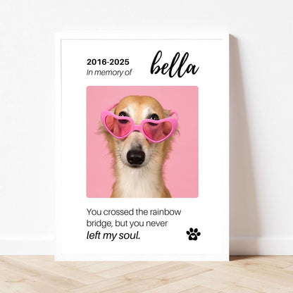 Personalized Dog Memorial Frame – "Rainbow Bridge, Never Left" – Vertical